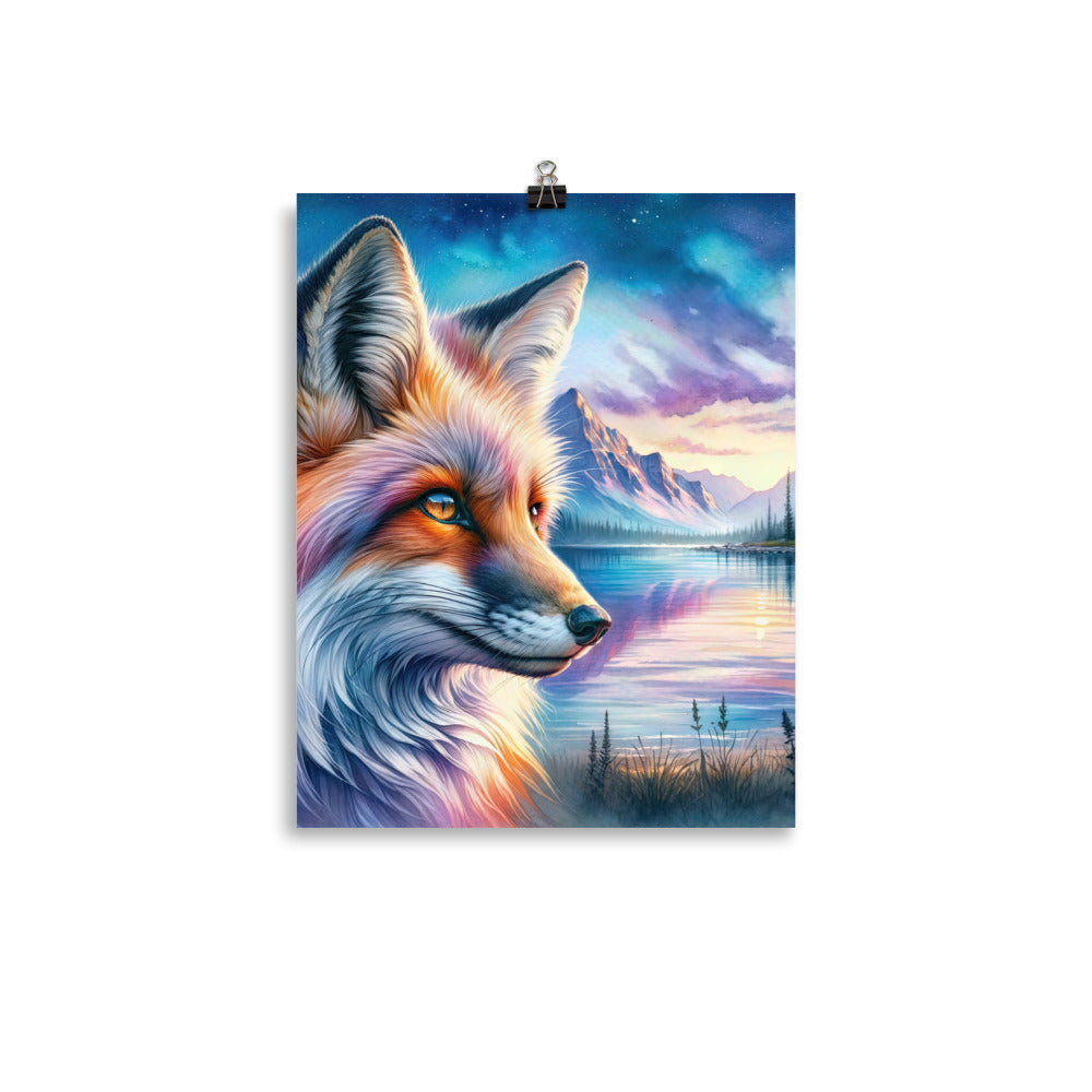 Aquarellporträt eines Fuchses im Dämmerlicht am Bergsee - Poster camping xxx yyy zzz 27.9 x 35.6 cm