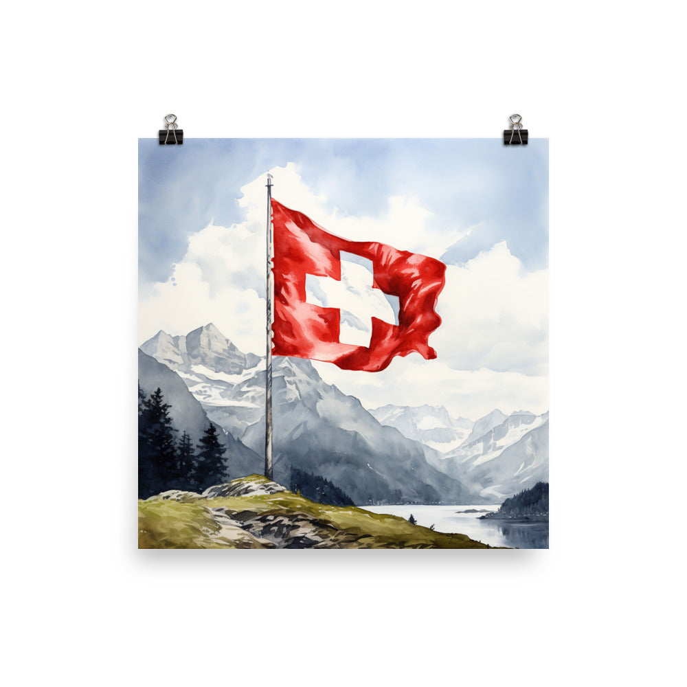 Schweizer Flagge und Berge im Hintergrund - Epische Stimmung - Malerei - Poster berge xxx 30.5 x 30.5 cm