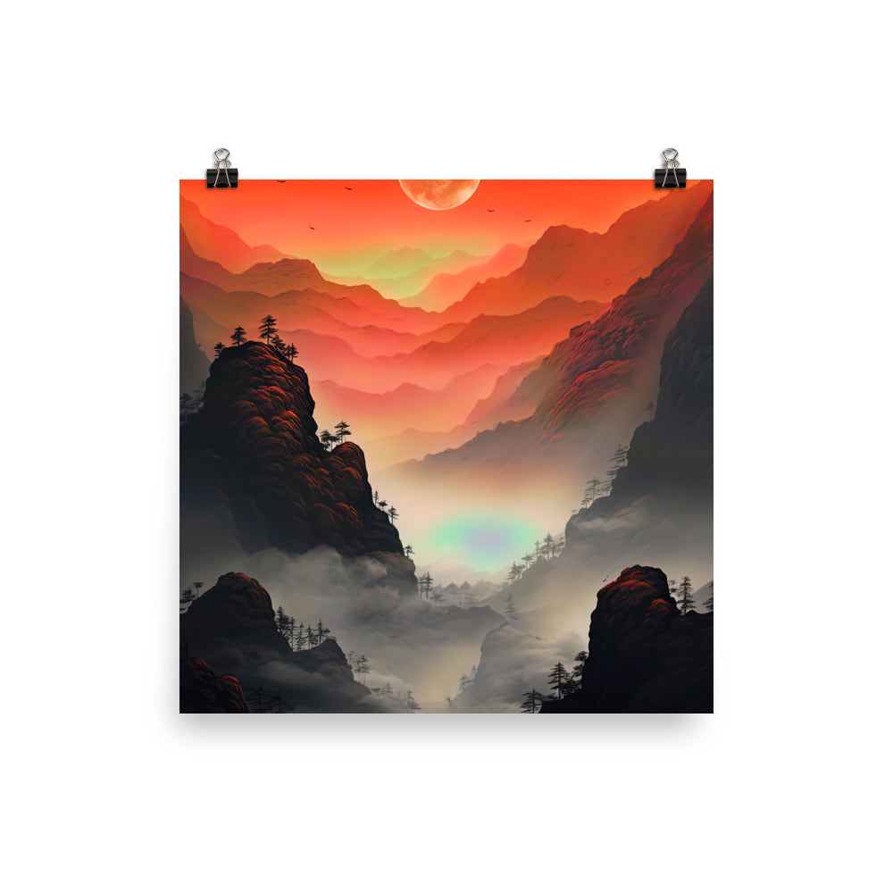 Gebirge, rote Farben und Nebel - Episches Kunstwerk - Poster berge xxx 30.5 x 30.5 cm