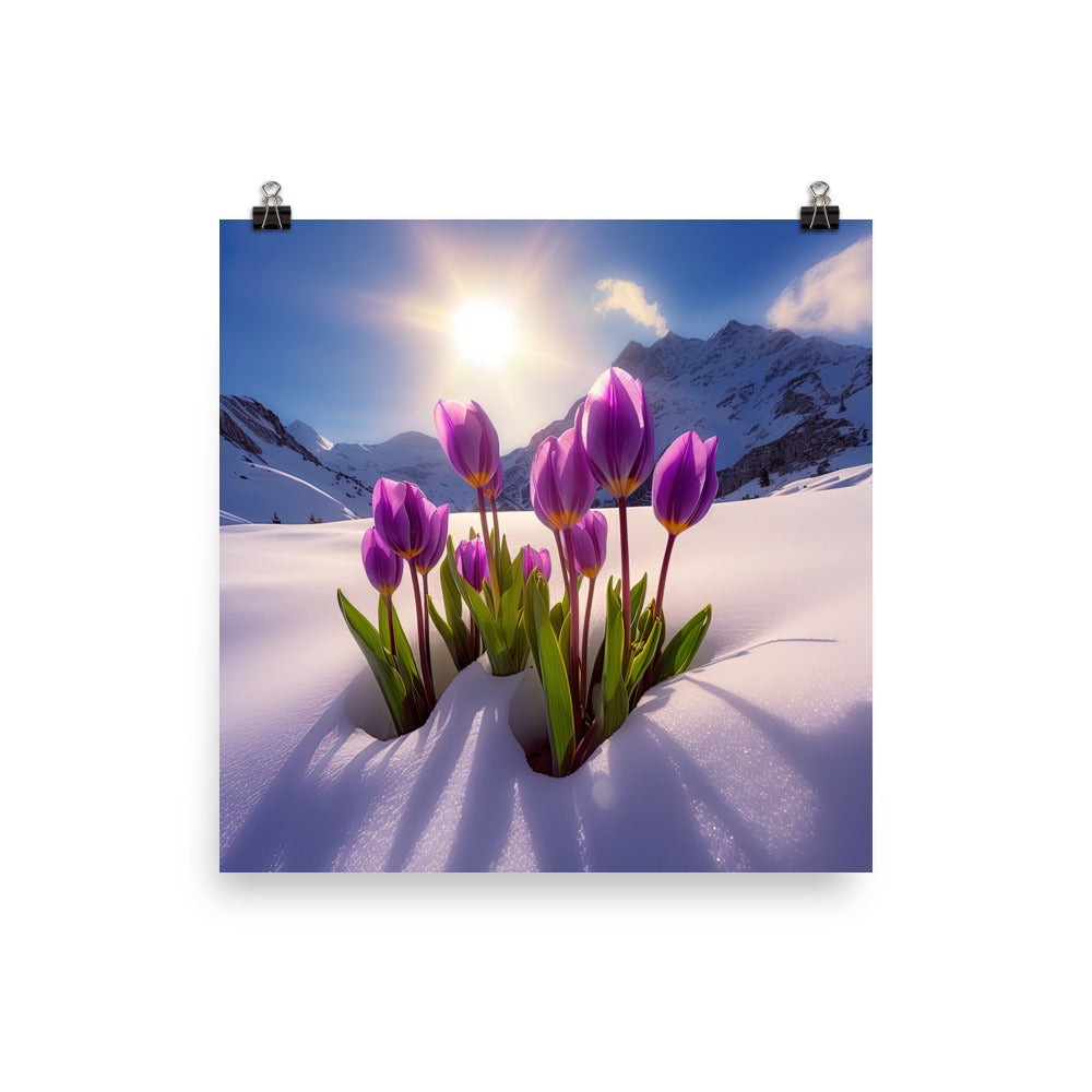 Tulpen im Schnee und in den Bergen - Blumen im Winter - Poster berge xxx 30.5 x 30.5 cm