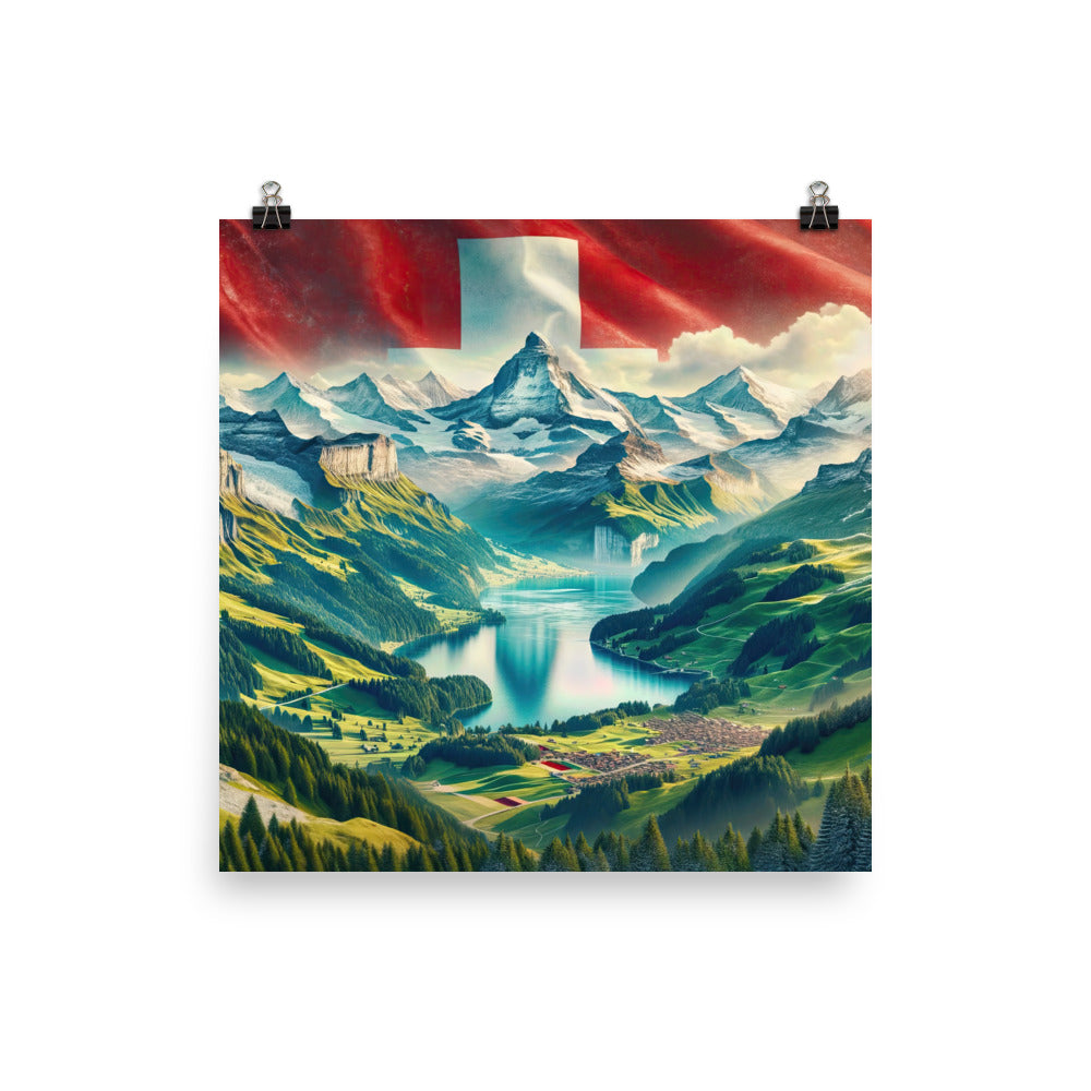 Berg Panorama: Schneeberge und Täler mit Schweizer Flagge - Poster berge xxx yyy zzz 30.5 x 30.5 cm
