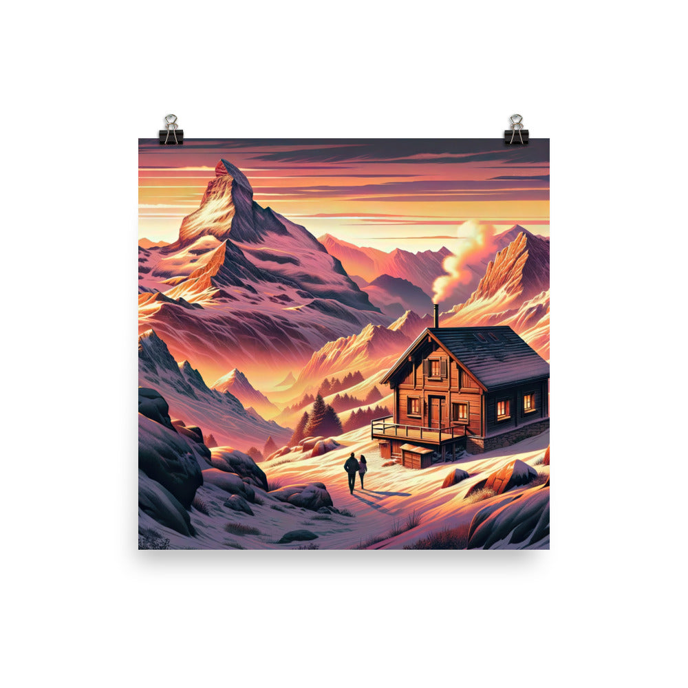 Berghütte im goldenen Sonnenuntergang: Digitale Alpenillustration - Poster berge xxx yyy zzz 30.5 x 30.5 cm