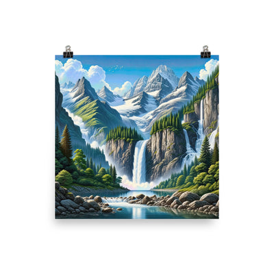 Illustration einer unberührten Alpenkulisse im Hochsommer. Wasserfall und See - Poster berge xxx yyy zzz 30.5 x 30.5 cm