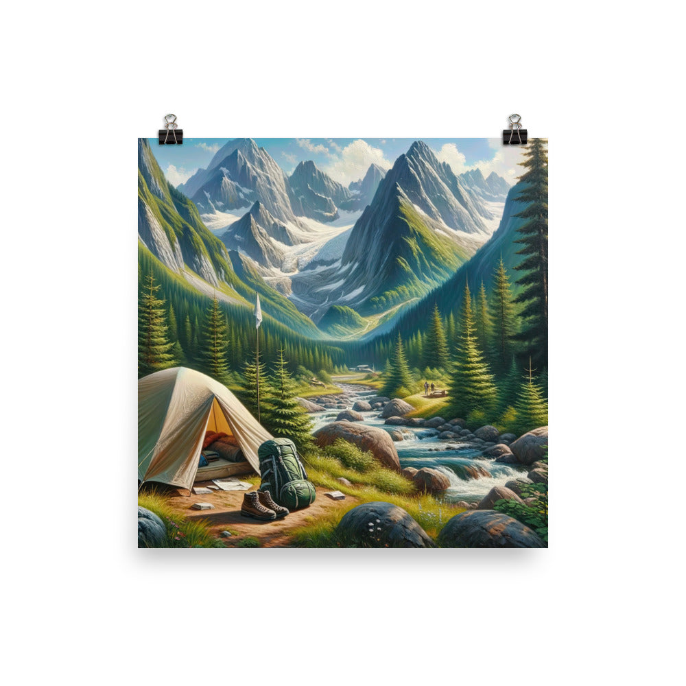 Ölgemälde der Alpensommerlandschaft mit Zelt, Gipfeln, Wäldern und Bächen - Poster camping xxx yyy zzz 30.5 x 30.5 cm