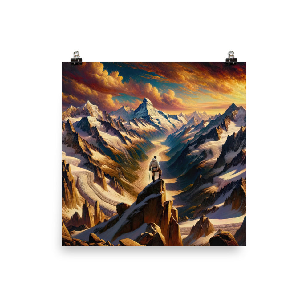 Ölgemälde eines Wanderers auf einem Hügel mit Panoramablick auf schneebedeckte Alpen und goldenen Himmel - Enhanced Matte Paper Poster wandern xxx yyy zzz 30.5 x 30.5 cm