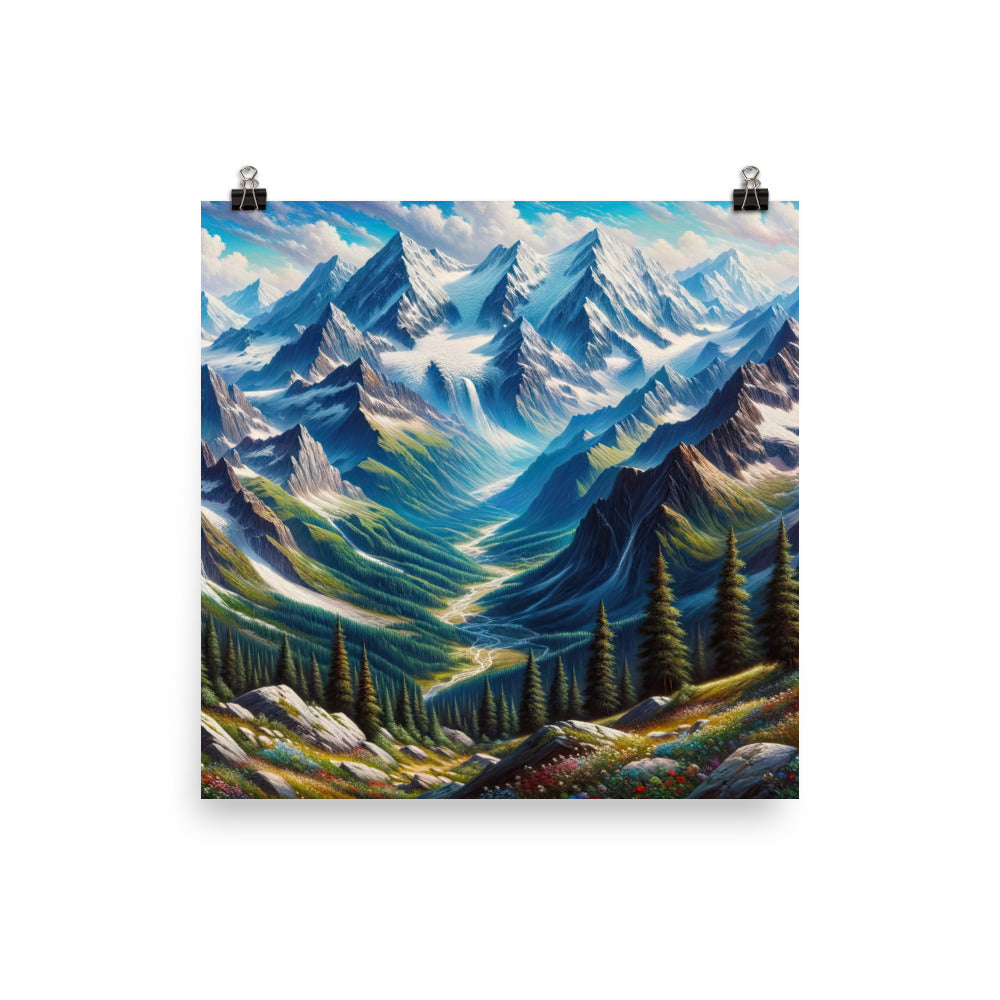 Panorama-Ölgemälde der Alpen mit schneebedeckten Gipfeln und schlängelnden Flusstälern - Poster berge xxx yyy zzz 30.5 x 30.5 cm