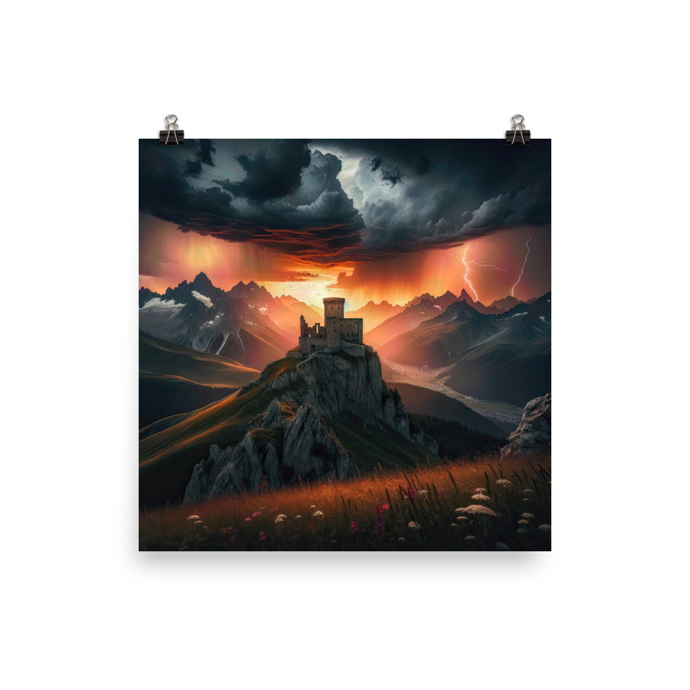 Foto einer Alpenburg bei stürmischem Sonnenuntergang, dramatische Wolken und Sonnenstrahlen - Poster berge xxx yyy zzz 30.5 x 30.5 cm