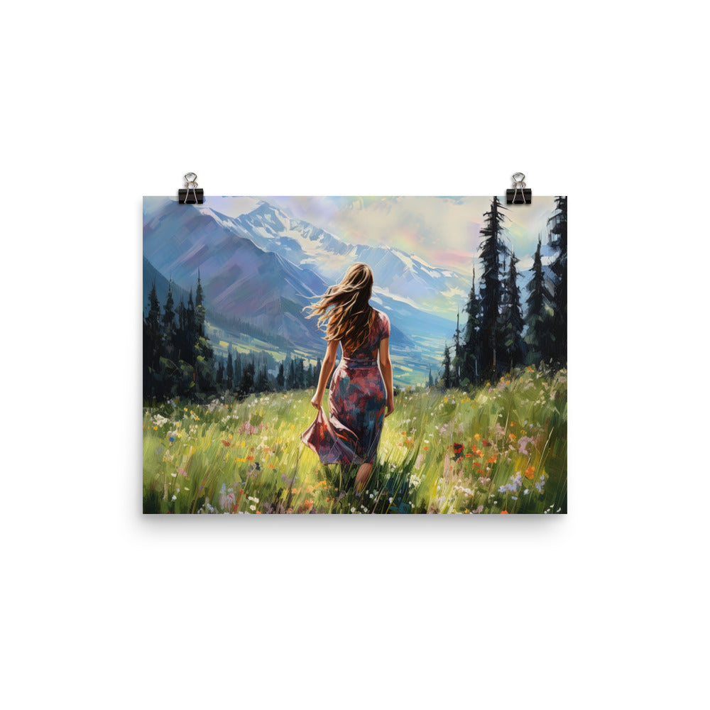 Frau mit langen Kleid im Feld mit Blumen - Berge im Hintergrund - Malerei - Poster berge xxx 30.5 x 40.6 cm