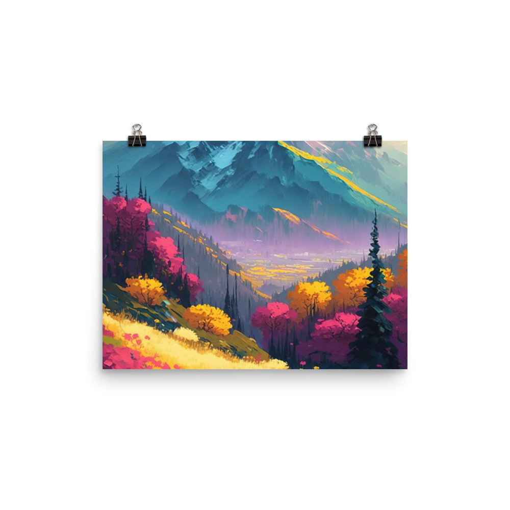Berge, pinke und gelbe Bäume, sowie Blumen - Farbige Malerei - Poster berge xxx 30.5 x 40.6 cm
