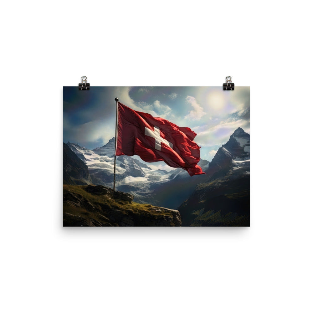 Schweizer Flagge und Berge im Hintergrund - Fotorealistische Malerei - Poster berge xxx 30.5 x 40.6 cm