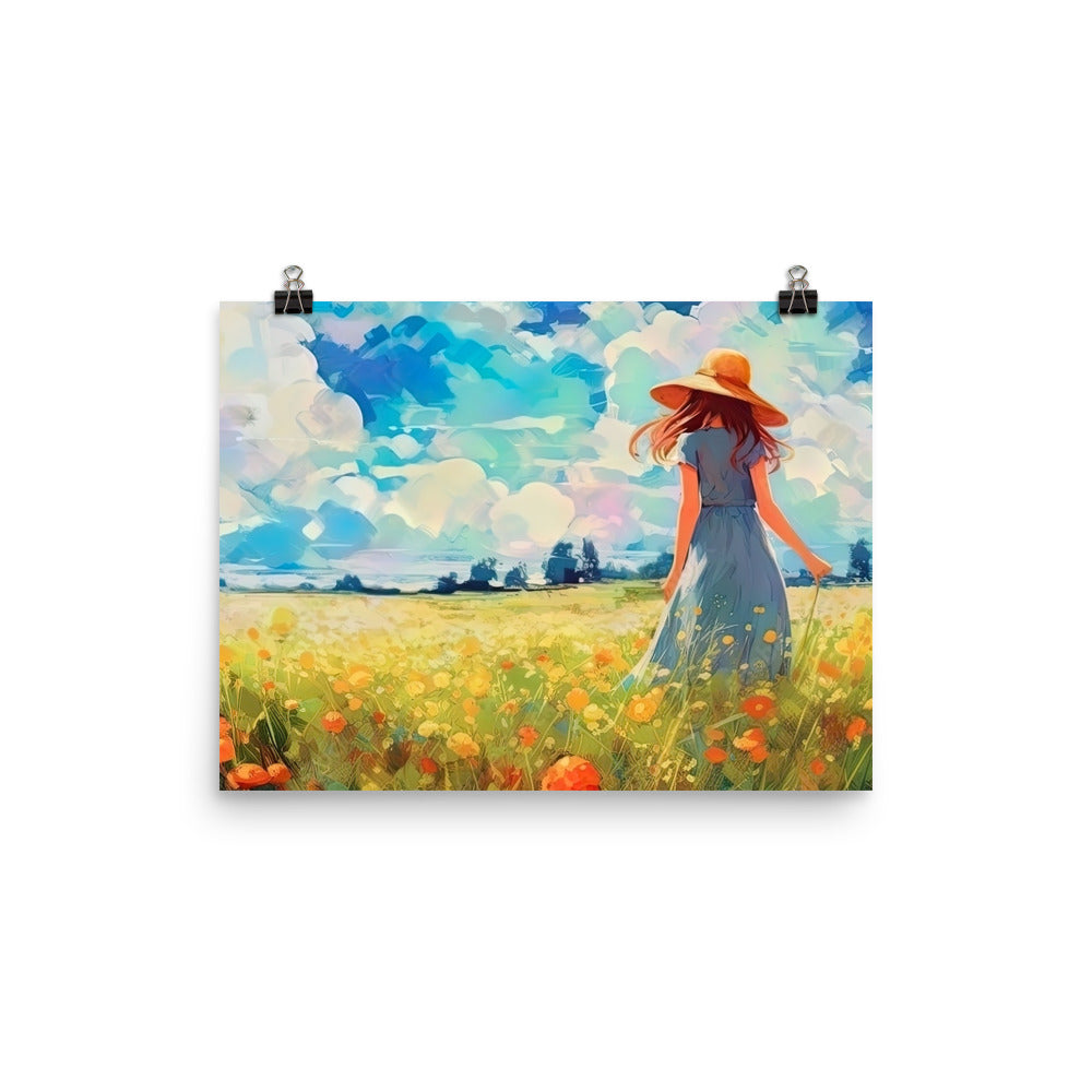 Dame mit Hut im Feld mit Blumen - Landschaftsmalerei - Poster camping xxx 30.5 x 40.6 cm