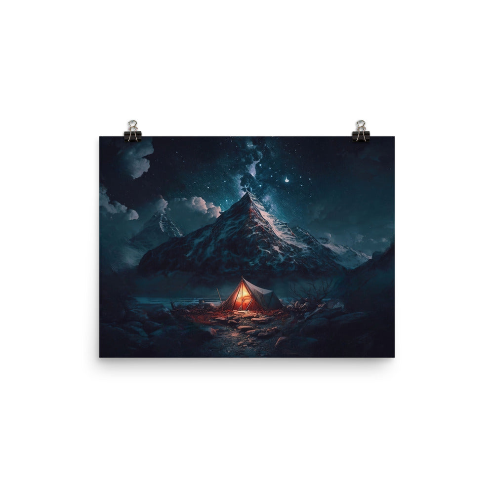 Zelt und Berg in der Nacht - Sterne am Himmel - Landschaftsmalerei - Poster camping xxx 30.5 x 40.6 cm