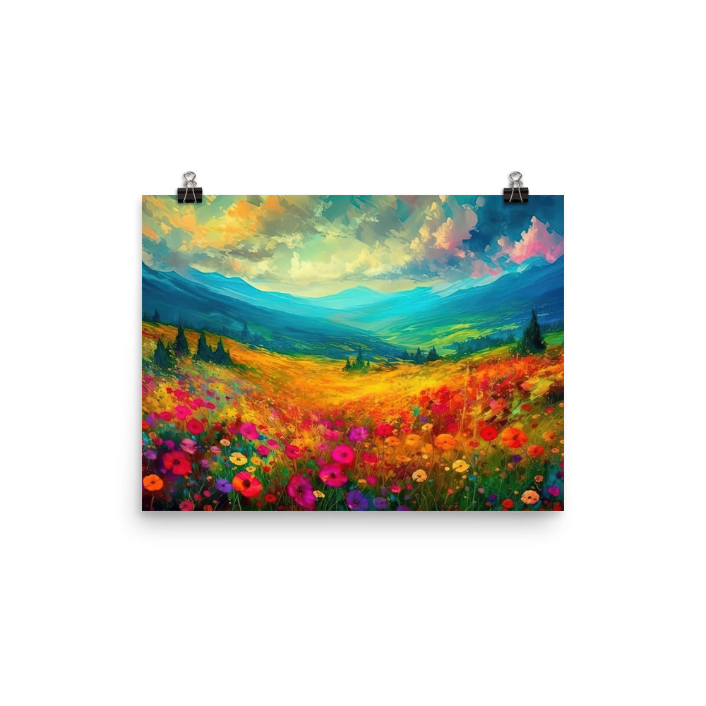 Berglandschaft und schöne farbige Blumen - Malerei - Poster berge xxx 30.5 x 40.6 cm