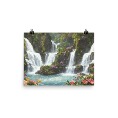 Wasserfall im Wald und Blumen - Schöne Malerei - Poster camping xxx 30.5 x 40.6 cm