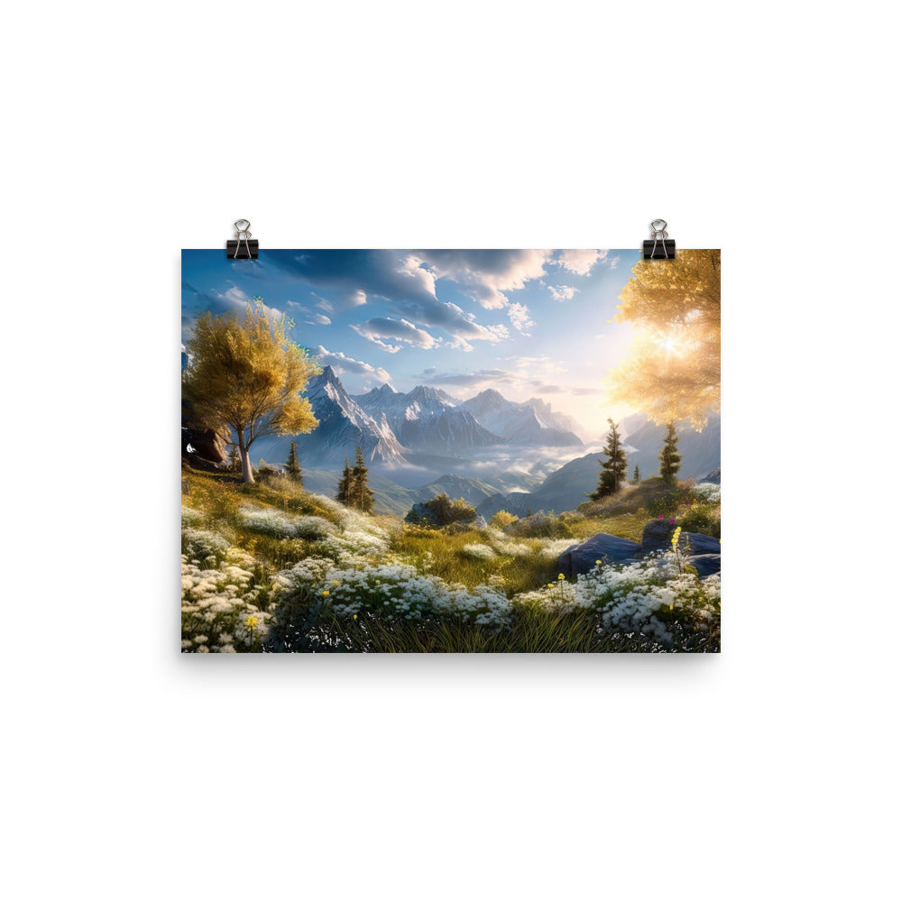 Berglandschaft mit Sonnenschein, Blumen und Bäumen - Malerei - Poster berge xxx 30.5 x 40.6 cm