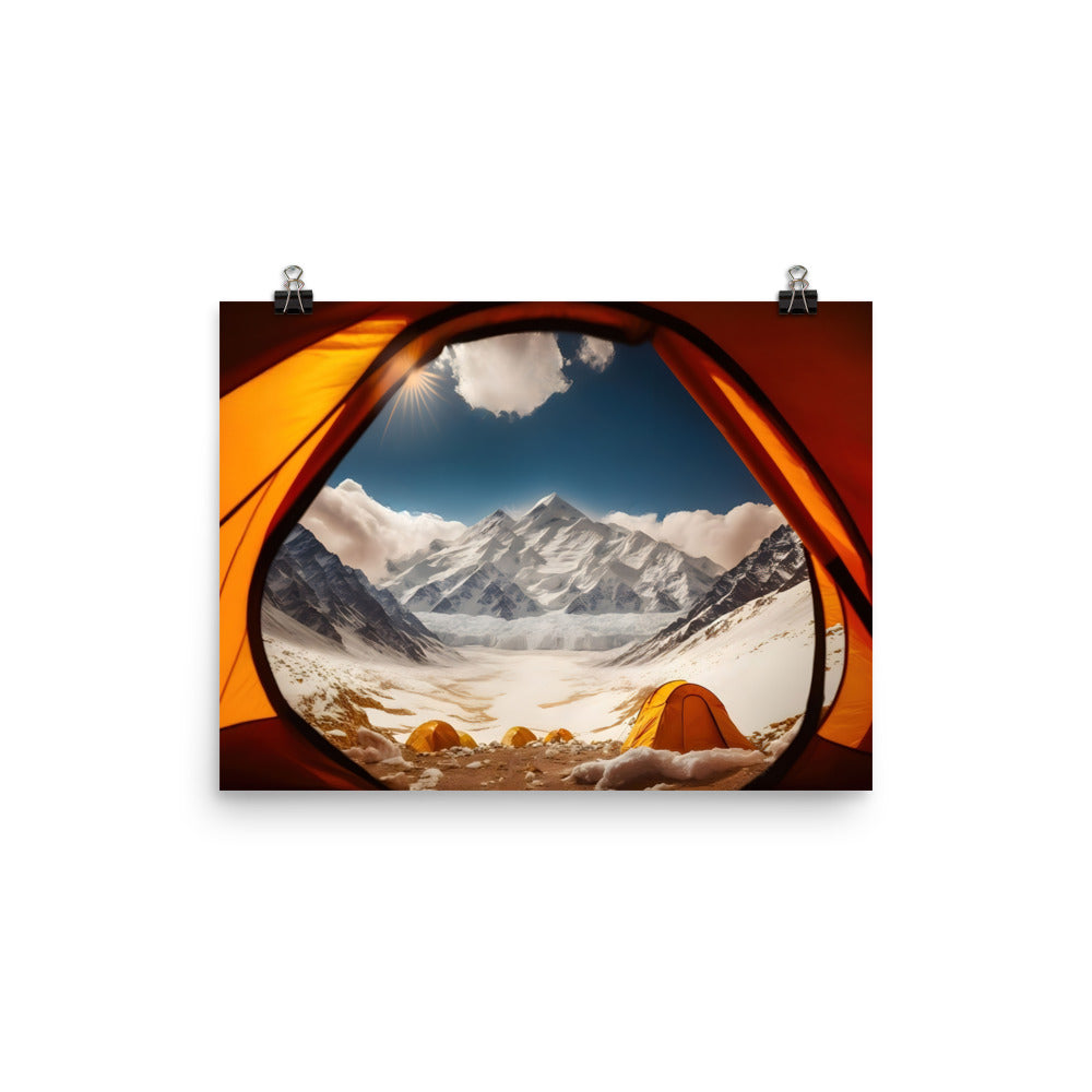 Foto aus dem Zelt - Berge und Zelte im Hintergrund - Tagesaufnahme - Poster camping xxx 30.5 x 40.6 cm