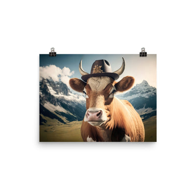 Kuh mit Hut in den Alpen - Berge im Hintergrund - Landschaftsmalerei - Poster berge xxx 30.5 x 40.6 cm