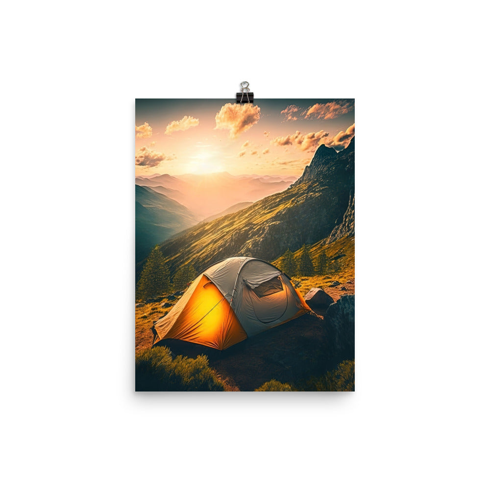 Zelt auf Berg im Sonnenaufgang - Landschafts - Poster camping xxx 30.5 x 40.6 cm