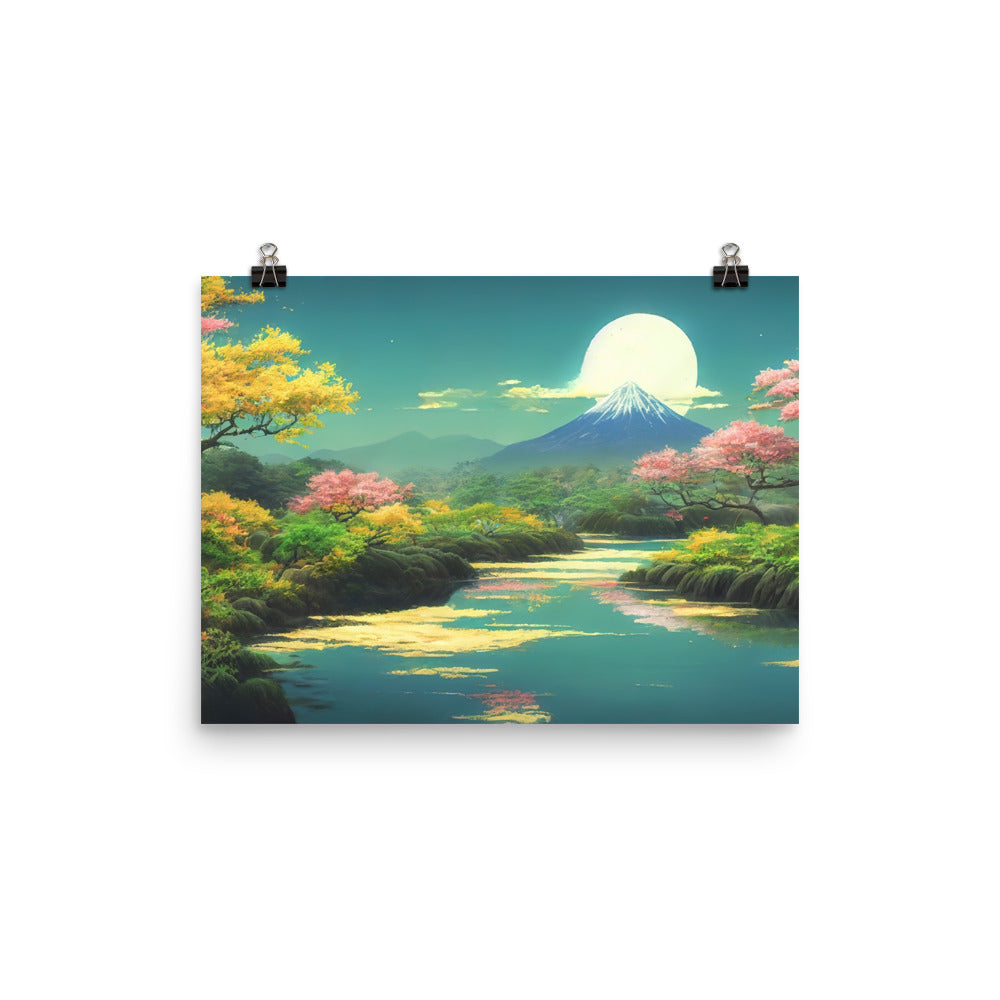 Berg, See und Wald mit pinken Bäumen - Landschaftsmalerei - Poster berge xxx 30.5 x 40.6 cm
