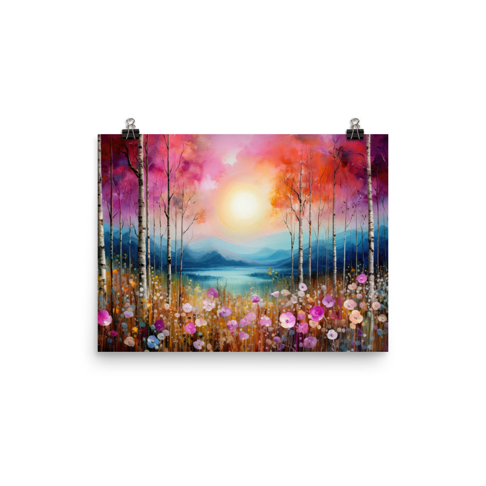 Berge, See, pinke Bäume und Blumen - Malerei - Poster berge xxx 30.5 x 40.6 cm
