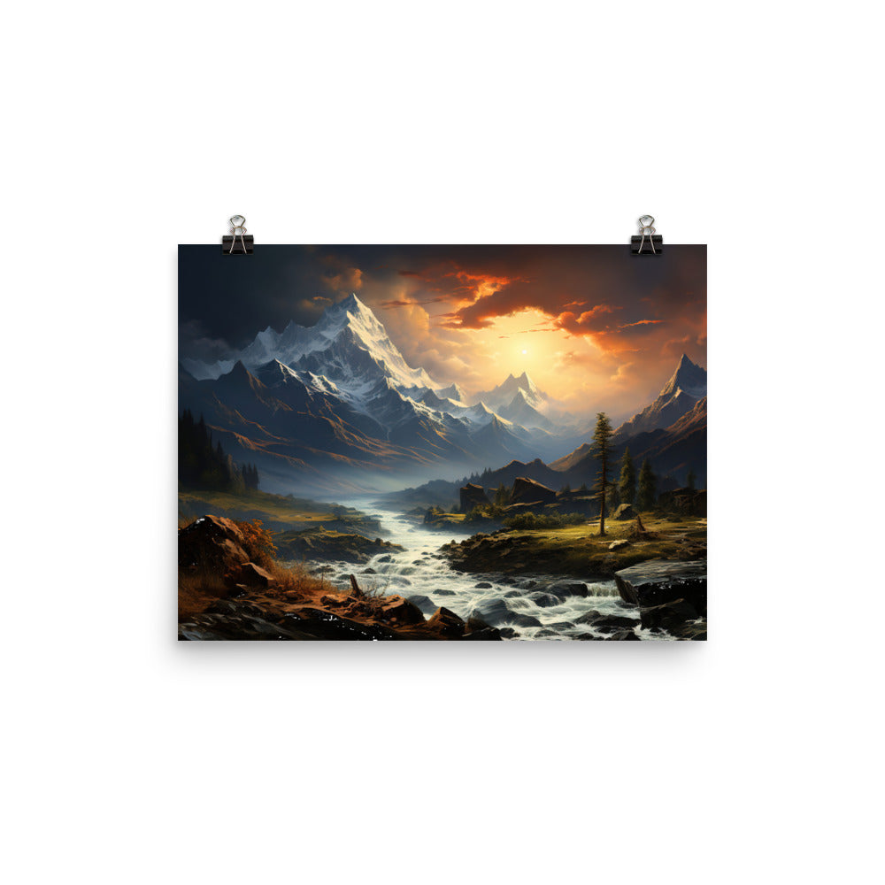 Berge, Sonne, steiniger Bach und Wolken - Epische Stimmung - Poster berge xxx 30.5 x 40.6 cm