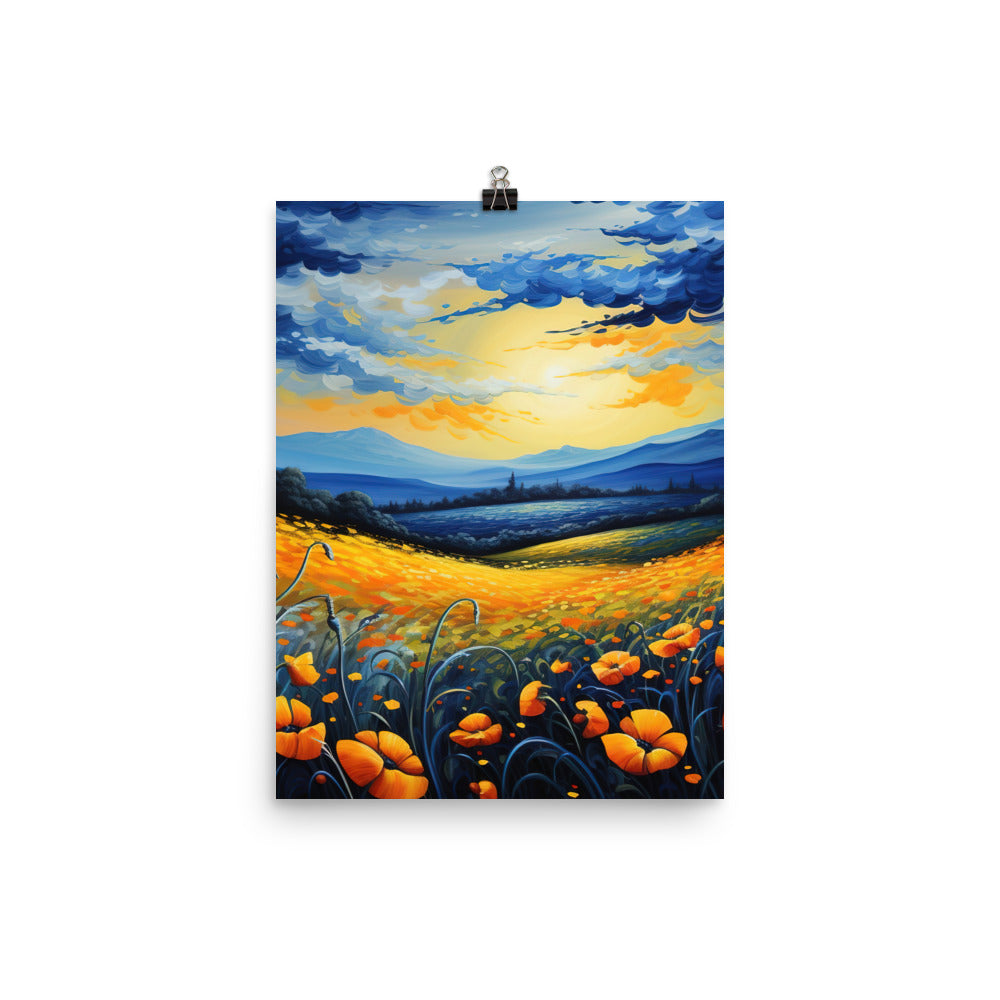 Berglandschaft mit schönen gelben Blumen - Landschaftsmalerei - Poster berge xxx 30.5 x 40.6 cm