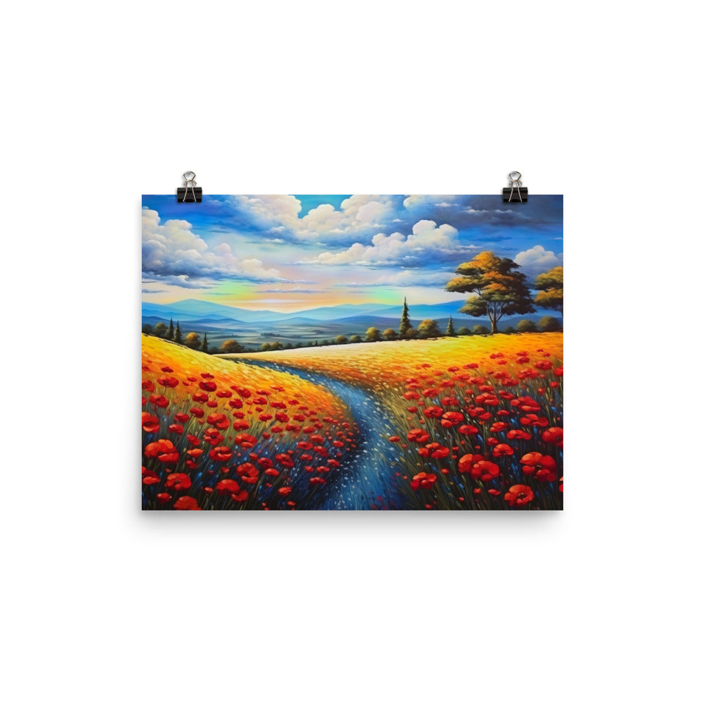 Feld mit roten Blumen und Berglandschaft - Landschaftsmalerei - Poster berge xxx 30.5 x 40.6 cm