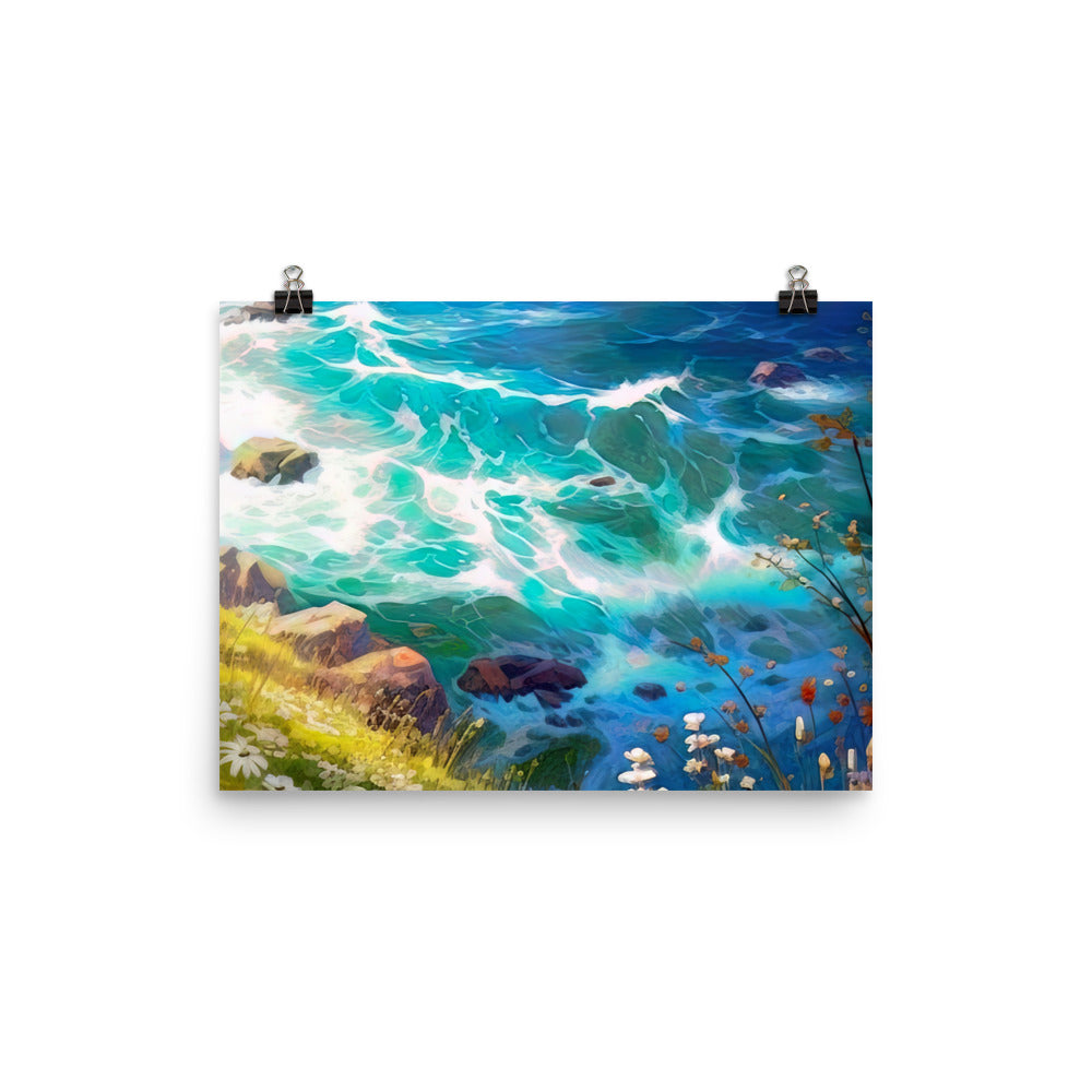 Berge, Blumen, Fluss und Steine - Malerei - Poster camping xxx 30.5 x 40.6 cm