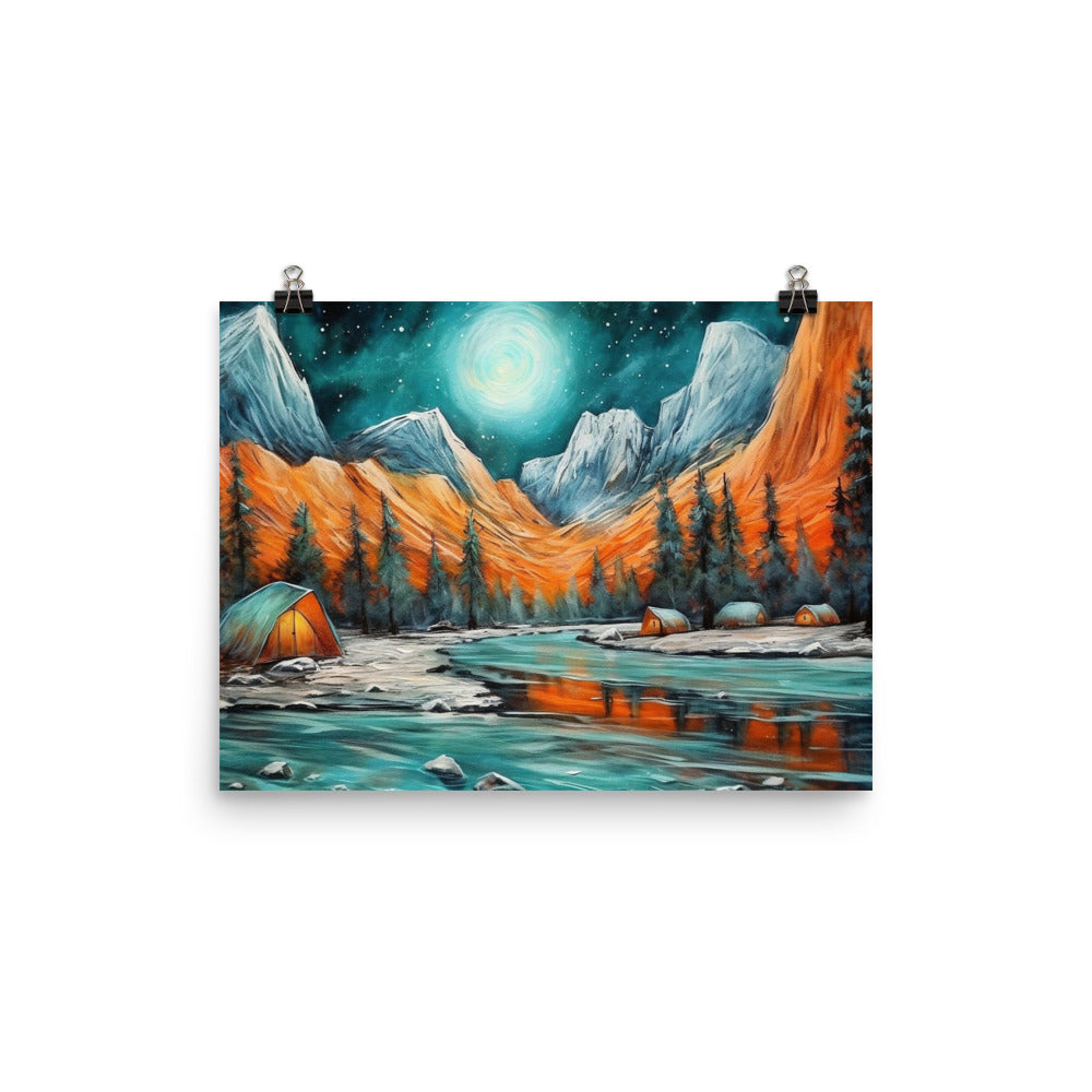 Berglandschaft und Zelte - Nachtstimmung - Landschaftsmalerei - Poster camping xxx 30.5 x 40.6 cm