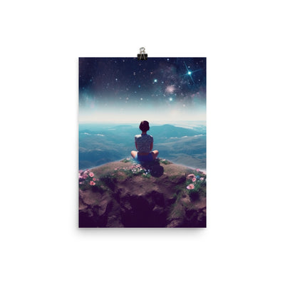 Frau sitzt auf Berg – Cosmos und Sterne im Hintergrund - Landschaftsmalerei - Poster berge xxx 30.5 x 40.6 cm