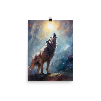 Heulender Wolf auf Berggipfel und Mond im Hintergrund – Abstrakte Malerei - Poster camping xxx 30.5 x 40.6 cm