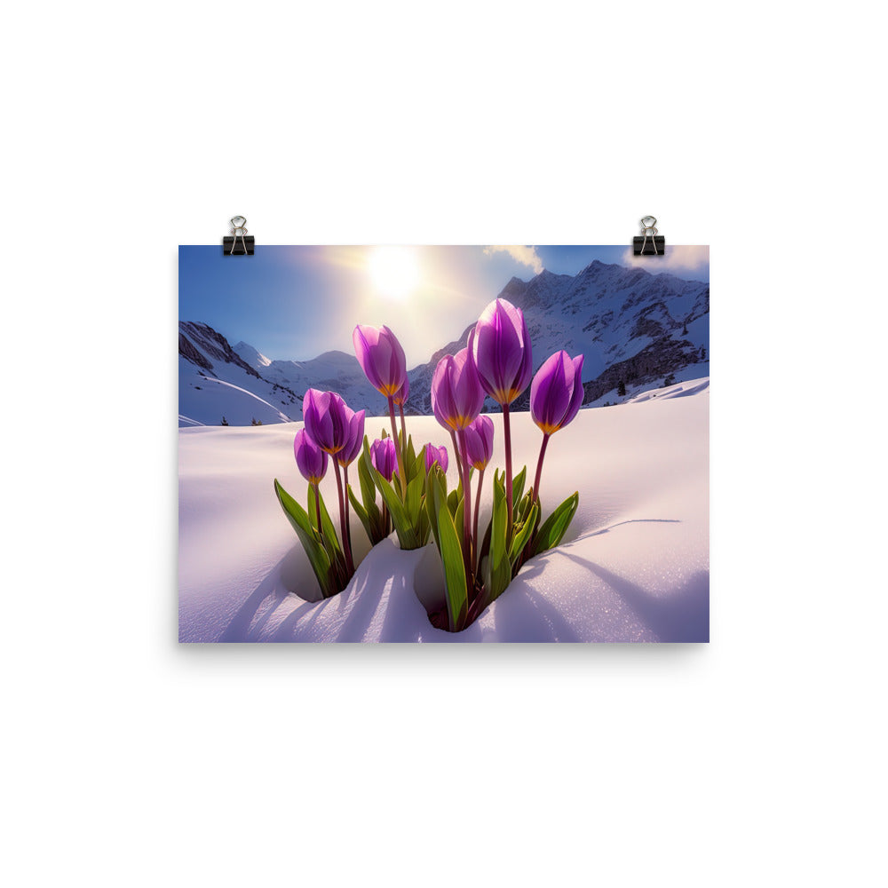 Tulpen im Schnee und in den Bergen - Blumen im Winter - Poster berge xxx 30.5 x 40.6 cm