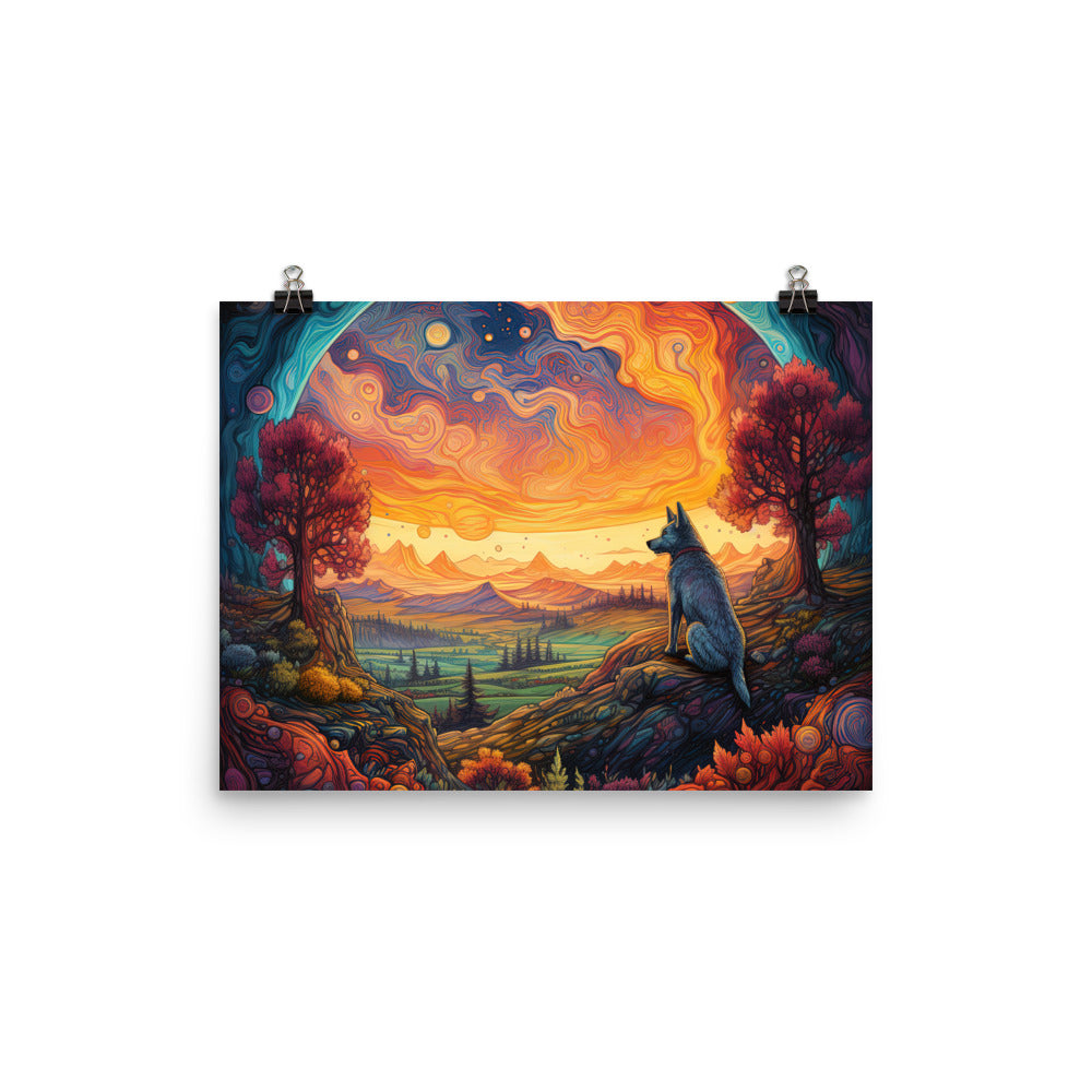 Hund auf Felsen - Epische bunte Landschaft - Malerei - Poster camping xxx 30.5 x 40.6 cm