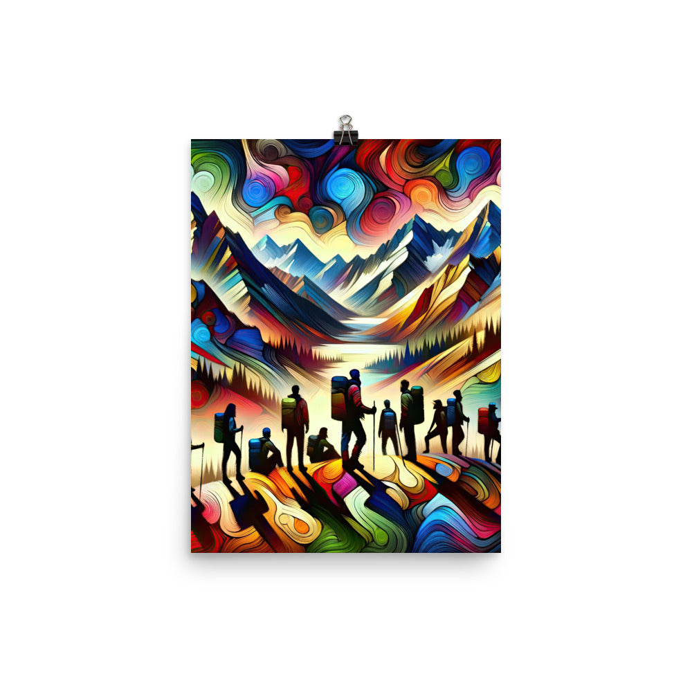 Abstraktes Kunstgemälde der Alpen voller lebendiger Muster. Ein vielfältiges Wanderteam, sowohl Männer als auch Frauen - Enhanced Matte wandern xxx yyy zzz 30.5 x 40.6 cm