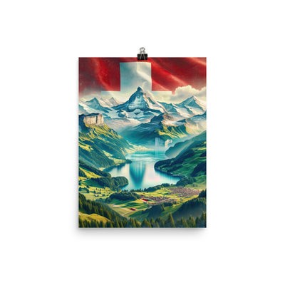 Berg Panorama: Schneeberge und Täler mit Schweizer Flagge - Poster berge xxx yyy zzz 30.5 x 40.6 cm