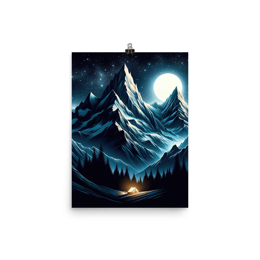 Alpennacht mit Zelt: Mondglanz auf Gipfeln und Tälern, sternenklarer Himmel - Poster berge xxx yyy zzz 30.5 x 40.6 cm