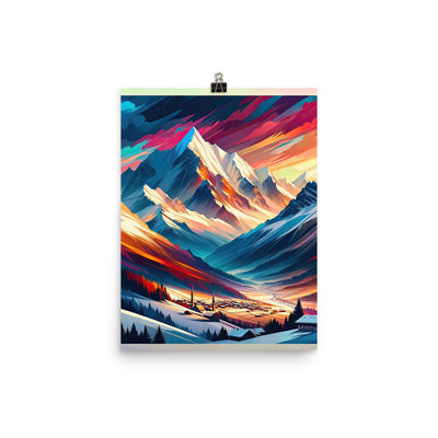Moderne geometrische Alpen Kunst: Warmer Sonnenuntergangs Schein auf Schneegipfeln - Poster berge xxx yyy zzz 30.5 x 40.6 cm