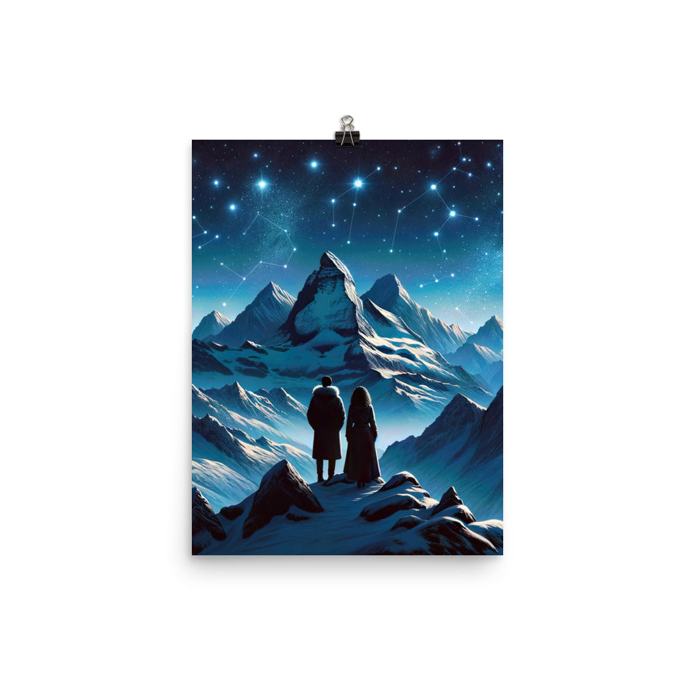 Alpenwinternacht: Digitale Kunst mit Wanderern in Bergen und Sternenhimmel - Poster wandern xxx yyy zzz 30.5 x 40.6 cm
