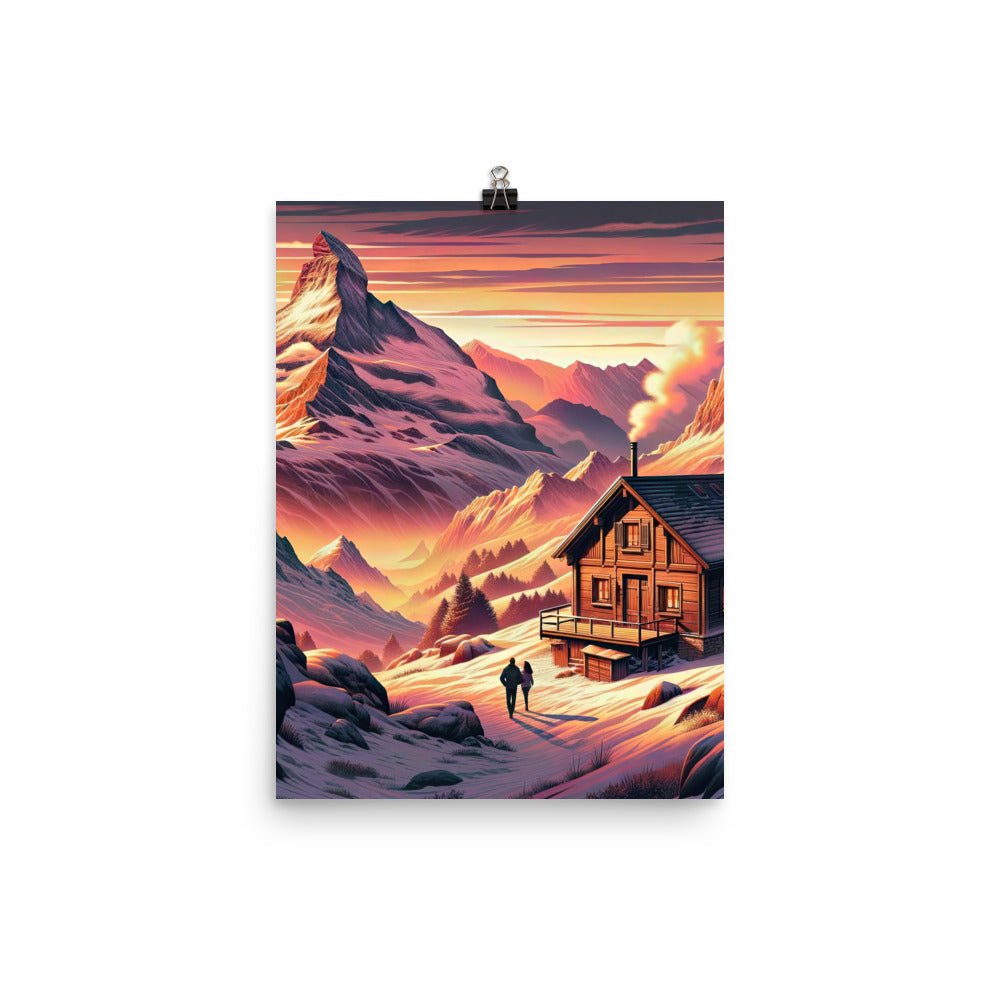 Berghütte im goldenen Sonnenuntergang: Digitale Alpenillustration - Poster berge xxx yyy zzz 30.5 x 40.6 cm