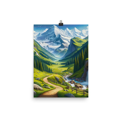 Wanderer in den Bergen und Wald: Digitale Malerei mit grünen kurvenreichen Pfaden - Poster wandern xxx yyy zzz 30.5 x 40.6 cm