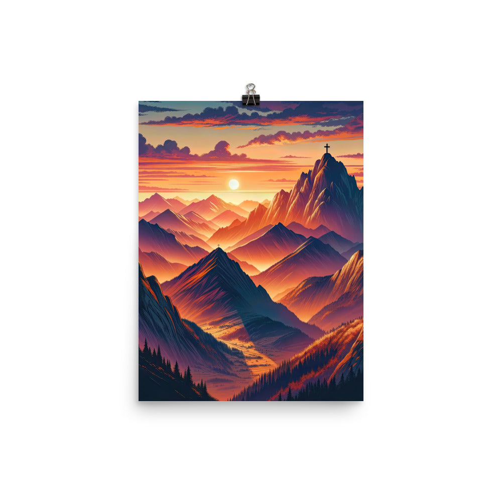 Dramatischer Alpen-Sonnenuntergang, Gipfelkreuz in Orange-Rosa - Poster berge xxx yyy zzz 30.5 x 40.6 cm