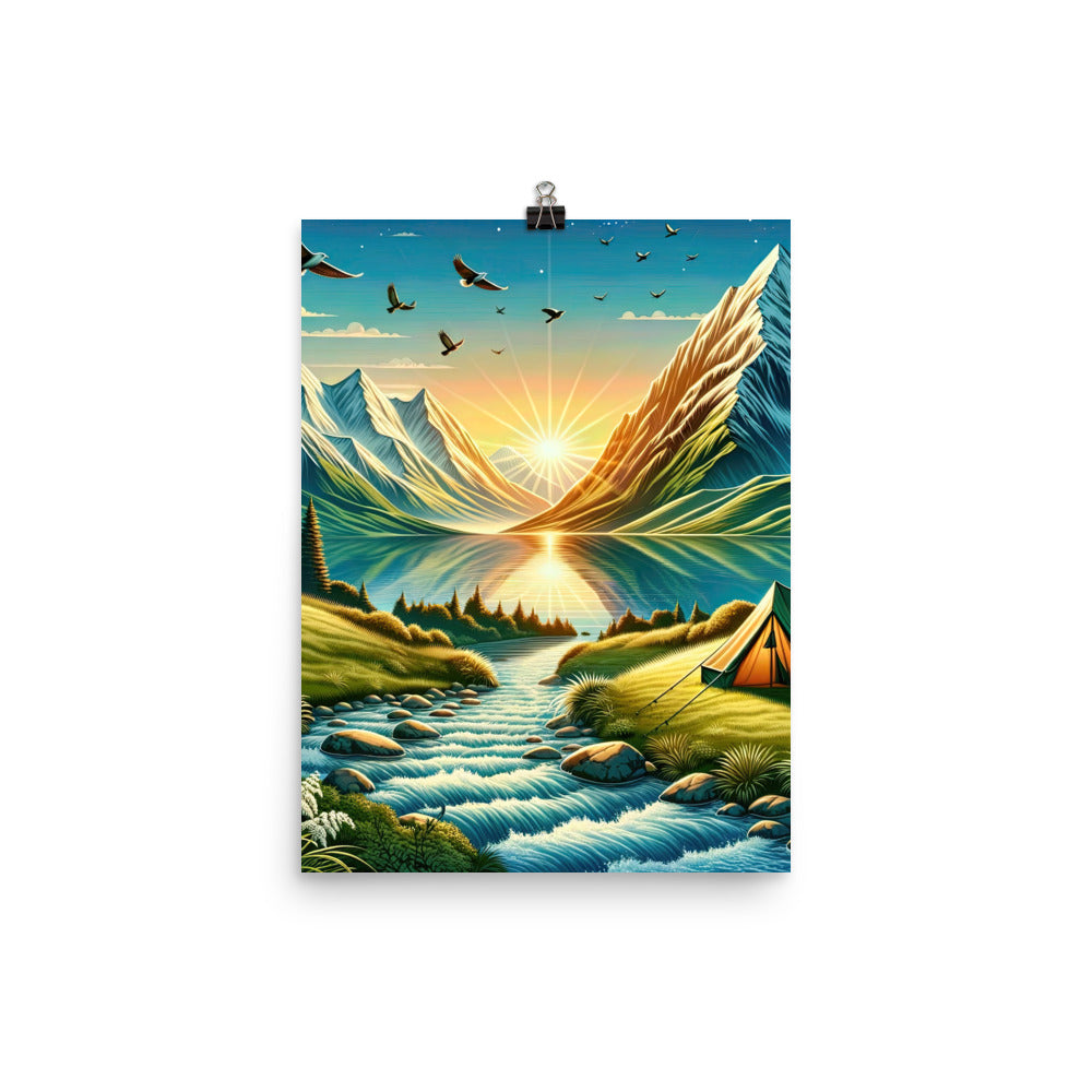 Zelt im Alpenmorgen mit goldenem Licht, Schneebergen und unberührten Seen - Poster berge xxx yyy zzz 30.5 x 40.6 cm