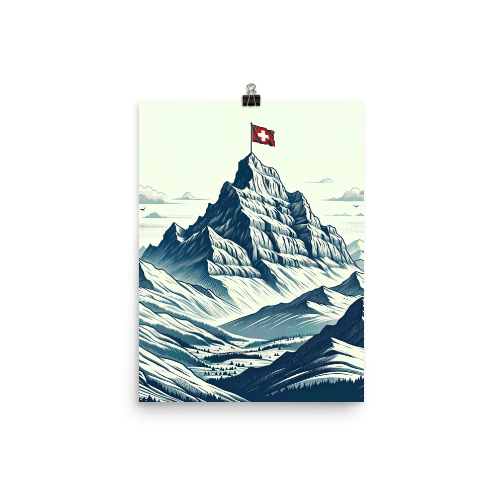 Ausgedehnte Bergkette mit dominierendem Gipfel und wehender Schweizer Flagge - Poster berge xxx yyy zzz 30.5 x 40.6 cm