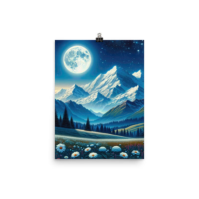 Klare frühlingshafte Alpennacht mit Blumen und Vollmond über Schneegipfeln - Poster berge xxx yyy zzz 30.5 x 40.6 cm
