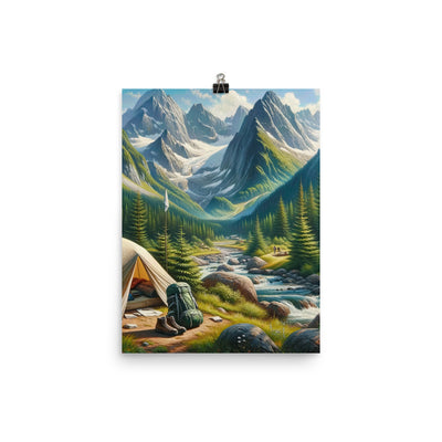 Ölgemälde der Alpensommerlandschaft mit Zelt, Gipfeln, Wäldern und Bächen - Poster camping xxx yyy zzz 30.5 x 40.6 cm