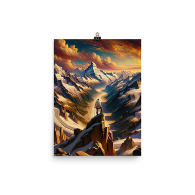 Ölgemälde eines Wanderers auf einem Hügel mit Panoramablick auf schneebedeckte Alpen und goldenen Himmel - Enhanced Matte Paper Poster wandern xxx yyy zzz 30.5 x 40.6 cm
