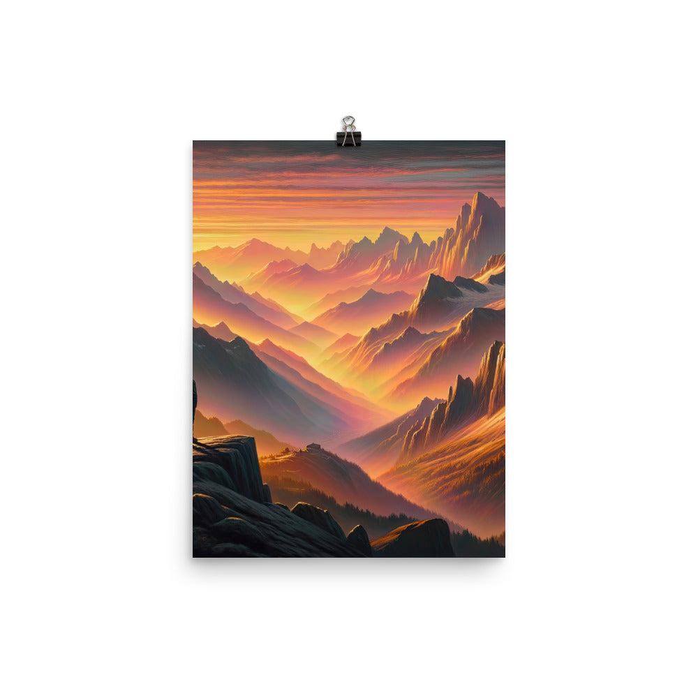 Ölgemälde der Alpen in der goldenen Stunde mit Wanderer, Orange-Rosa Bergpanorama - Poster wandern xxx yyy zzz 30.5 x 40.6 cm
