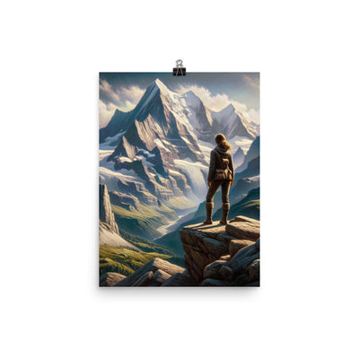 Ölgemälde der Alpengipfel mit Schweizer Abenteurerin auf Felsvorsprung - Poster wandern xxx yyy zzz 30.5 x 40.6 cm