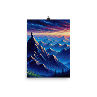 Ölgemälde eines ruhigen Alpenabends mit Bergsteigersilhouette auf dem Gipfel - Poster wandern xxx yyy zzz 30.5 x 40.6 cm