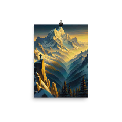 Ölgemälde eines Wanderers bei Morgendämmerung auf Alpengipfeln mit goldenem Sonnenlicht - Poster wandern xxx yyy zzz 30.5 x 40.6 cm
